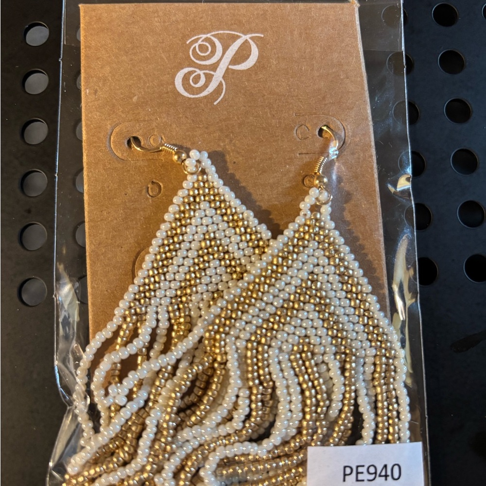 New Plunder White & Gold Beaded Fringe Earrings